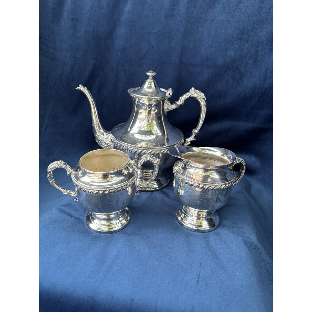 3-Piece Silverplate Tea/Coffee Set Lidded Pot Creamer Sugar Bowl Silver onCopper - Picture 2 of 16